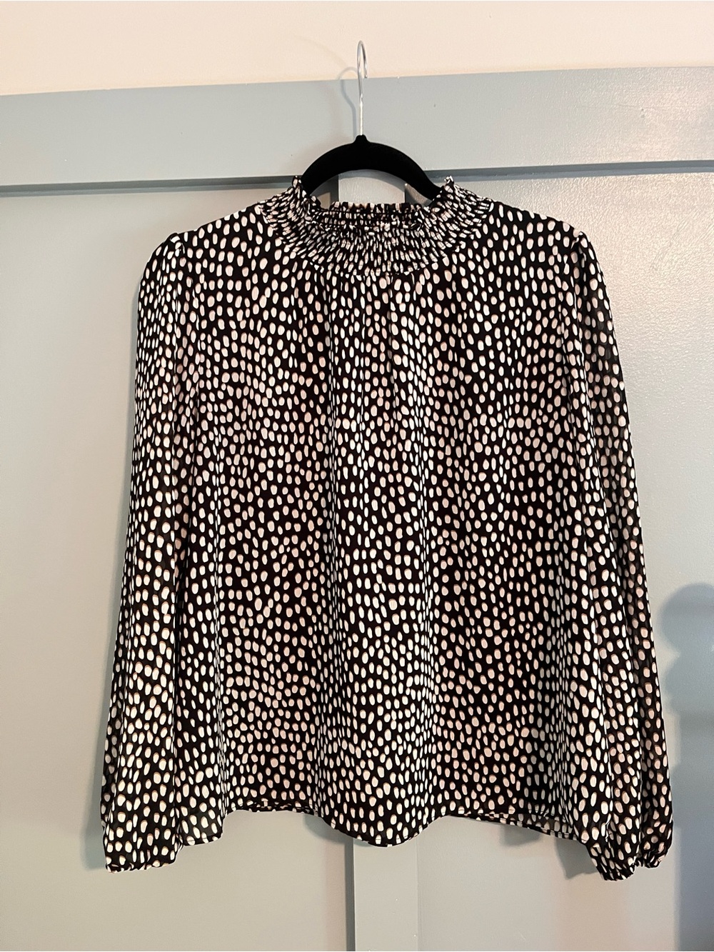 J. Crew Black & White animal print Smocked-Neck Long Sleeve Blouse